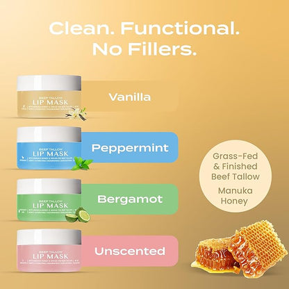 Body Restore Grass Fed Beef Tallow Lip Mask, with Manuka Honey – Christmas Stocking Stuffers, White Elephant, Hydrating Moisture, Travel Essentials, Self Care, Birthday Gifts for Women, Men – Vanilla