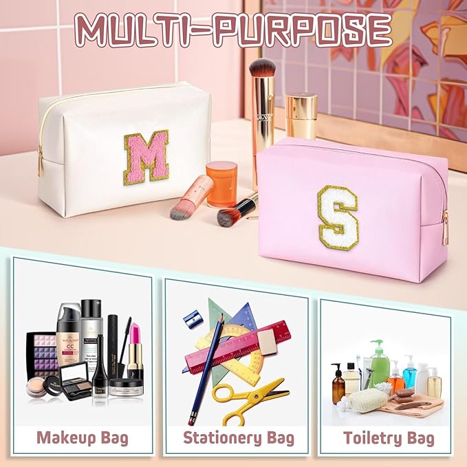 TOPEAST Initial Makeup Bags for Women, Cute Makeup Pouch, Waterproof Travel Toiletry Bag, Personalized Gifts for Girlfriend on Valentine's Day Anniversary, Preppy Stuff Gift for Girl (Pearly White W)