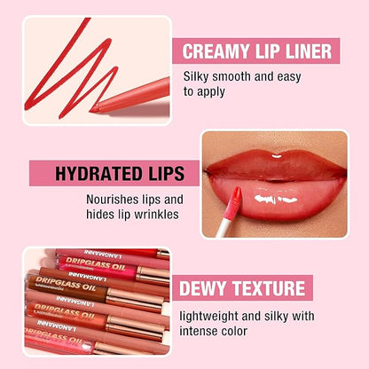 Jolilab Matte Lip Liner Lip Oil Set, Lip Makeup Set Natural Smooth Long-Lasting And Hydrating Beauty Daily Cosmetics Gift for Girls Easy-to-Use（12pcs）