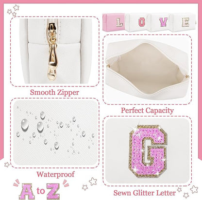 Initial Letter Patch Makeup Bag, Preppy Glitter Pouch Cosmetic Bag, Small PU Travel Toiletry Bag Zipper, Personalized Monogrammed Gift for Friends, Sister, Cute Stuff for Women, Teen Girls