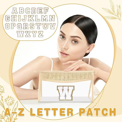 Personalized Initial Letter Bag Boho Straw Clear Makeup Bag,Small Cute Chenille Varsity Letter Bag With Zipper,Beach Travel Toiletry Bag,Portable Monogrammed Cosmetic Bag for Women Girls,W