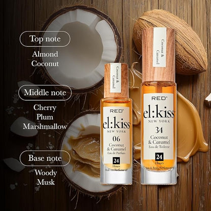 EL:KISS Roll On Perfume, Coconut & Caramel Eau de Parfum 12mL (.40 Fl Oz), Hydrating & Long-Lasting, Alcohol-Free & Mineral Oil-Free, Infused with Jojoba, Argan & Coconut Oil