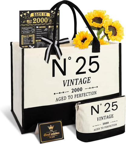 25th Birthday Gifts for Women Canvas Tote Bag Travel Gear,Unique 25 Years Old Gifts for Girlfriend Sister Coworker Friends Classmate Her, Vintage N°25 Handbag & Cosmetic Bag & Back in 2000 Poster