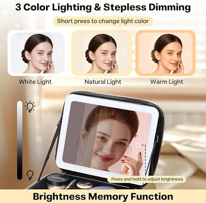 Travel Makeup Bag with LED Mirror, Large 12 Inch Cosmetic Train Case with Jewelry Organizer, 10X Magnifying Mirror, Adjustable Dividers for Cosmetics Makeup Brushes Toiletry, Includes 6 Velvet Pouches