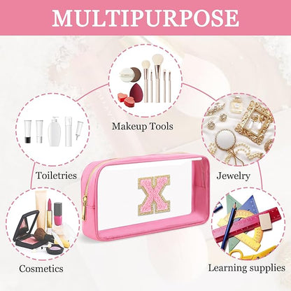 Small Clear Personalized Initial Makeup Bag, Preppy A-Z Chenille Letter Patch Cosmetic Bag, Cute Transparent Nylon Waterproof Zipper Beach Varsity Letter Pouch, Gift for Women Girls(Pink-Pink X)