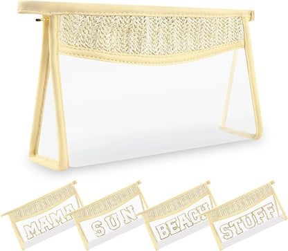 Small Boho Straw Clear Makeup Bags for Women&Girls, Zipper Cosmetic Bag Chenille Varsity Letter Patch Bag, Preppy Cute Toiletry Pouch, Trendy Organizer Storage Pouch for Beach Travel Essentials