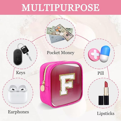 Mini Clear Personalized Initial Makeup Bag,Nylon Preppy A-Z Chenille Letter Patch Zipper Cosmetic Bag, Small Cute Beach Pouch Travel Purse Sanitary Napkin Storage Bag for Women Girls(Hot Pink-White E)