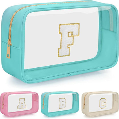 Personalized Initial Clear Makeup Bag, Travel Chenille Patch Cosmetic Bag, Preppy Toiletry Bag Monogram Cosmetic Pouch with Zipper, Ideal Gift for Teen Girls Women (Clear-Green, F)