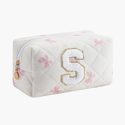 Gleyemor Personalized Initial Makeup Bag for Women, Cute Quilted Pink Floral Cotton Cosmetic Bag, Christmas Gifts for Her Mom Friend Sister Bridesmaid Teacher Women S
