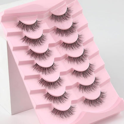 Natural Lashes Eyelashes Wispy 12mm False Lashes 3D Volume Lash Strips False Eyelashes with 0.1MM Thin Cotton Band C Curl Eyelash Pack Siligli 7 Pair