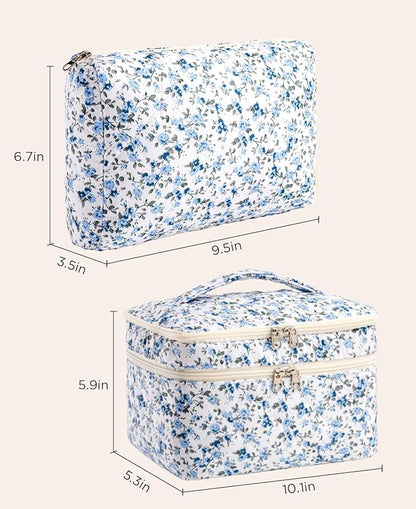 HBselect 2Pcs Travel Makeup Bag, Large Cotton Quilted Makeup Bag Cosmetic Bag Cute Make up Bag Toiletry Bags for Women Girls