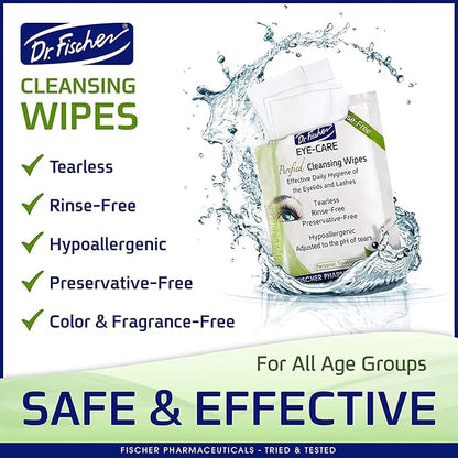 Dr. Fischer Eyelid Wipes - Hypoallergenic Preservative-Free Eye Cleansing Wipes for Sensitive Eyelids (Twin Pack).