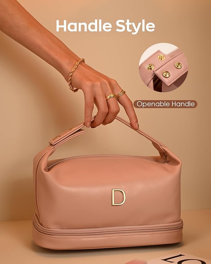 Daughter Gifts, Personalized Makeup Bag with Handle, Initial Double Layer Cosmetic Bag with Makeup Brush Organizer, PU Leather Travel Toiletry Bag, Gifts for Friends Female Mom
