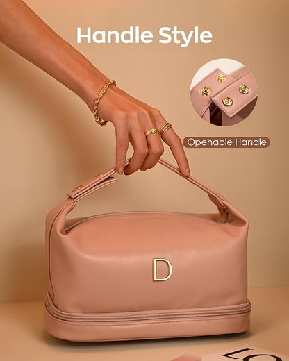 Teacher Appreciation Gifts, Personalized Makeup Bag with Handle, Initial Double Layer Cosmetic Bag with Makeup Brush Organizer, PU Leather Travel Toiletry Bag, Gifts for Friends Female Mom