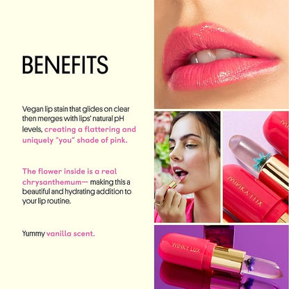 Winky Lux Flower Balm, pH Color Changing Lipstick and Tinted Lip Balm, Vegan & Cruelty Free, Hydrate & Plump, Sheer Pink, Pink & Purple Flower with Vanilla Scent