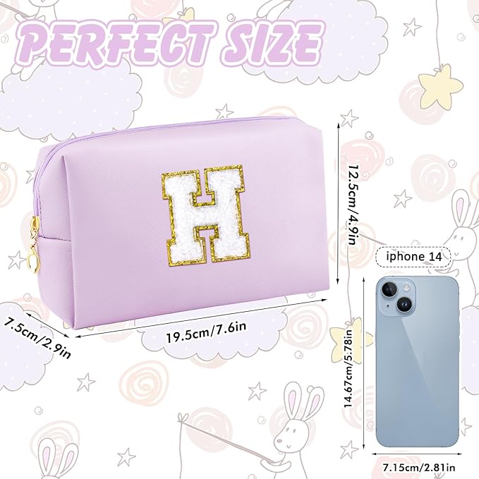 Gifts for Girls Initial Makeup Bag Personalized Cosmetic Bag with Zipper Cute Travel Toiletry Bag Waterproof PU Preppy Makeup Pouch Birthday Gift for Teen Girls Women(Purple H)