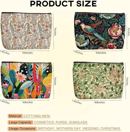 4 Pcs Cosmetic Bags for Women Makeup Bag, Thank You Gifts Christmas Birthday Friendship Gifts for Girls Friends Bestie Grandma Teacher Travel Toiletry Bag, Vintage Abstract Botanical Flower Bird