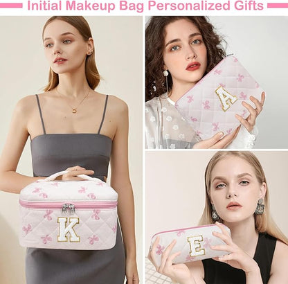 Initial Makeup Bag Set, Personalized Quilted Makeup Bag, Large Floral Cosmetic Bag for Women, Cute Cotton Custom Make up Bags, Flower Travel Toiletry Bag Teen Girl Gift Pink Butterfly M