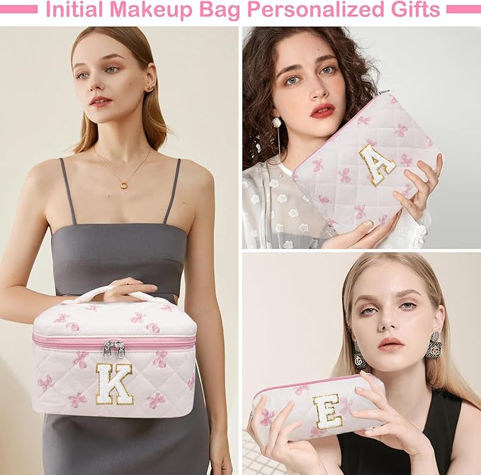 Initial Makeup Bag Set, Personalized Quilted Makeup Bag, Large Floral Cosmetic Bag for Women, Cute Cotton Custom Make up Bags, Flower Travel Toiletry Bag Teen Girl Gift Pink Butterfly K