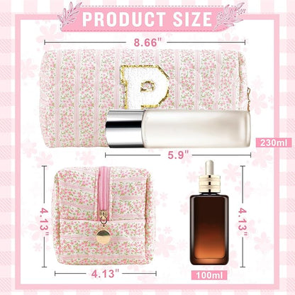 Personalized Quilted Cosmetic Bag, Puffy Monogrammed Christmas Birthday Gifts for Women & Girls, Cute initial Floral Makeup Bag Puffer Coquette Bag, Aesthetic Travel Toiletry Zipper Pouch(Pink,P)