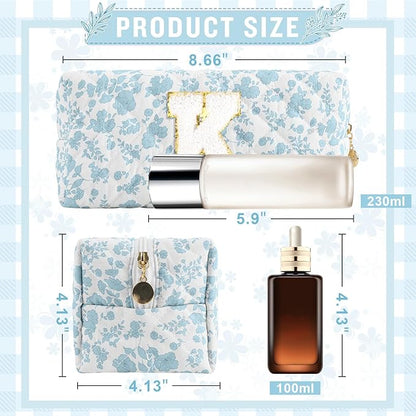 Personalized Quilted Cosmetic Bag, Puffy Monogrammed Christmas Birthday Gifts for Women & Girls, Cute initial Floral Makeup Bag Puffer Coquette Bag, Aesthetic Travel Toiletry Zipper Pouch(Blue,K)