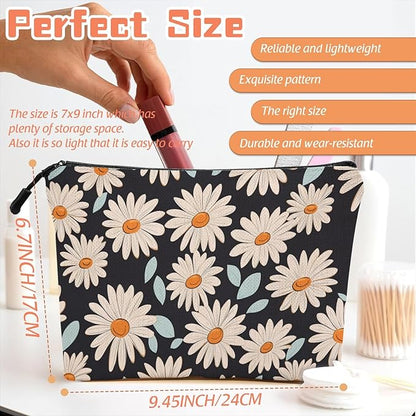 Cosmetic Bags Travel Makeup Toilet Case Waterproof Pouch for Women Girls 6.7X9.45inches - Daisy Pattern With Light Blue Leaves on Black