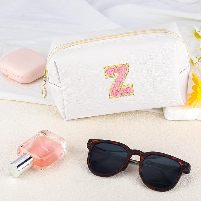 Initial Makeup Bag Personalized Preppy Travel Small Cosmetic Bag Cute PU White Chenille Letter Makeup Pouch for Purse Waterproof Zippered Toiletry Organizer for Women Girls Kids Friends (Z)