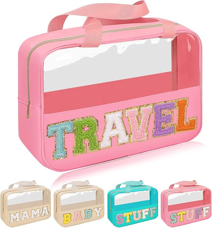 Chenille Letter Patch Travel Bag, Preppy Clear Makeup Cosmetic Bag Large Toiletry Storage Tote Bag with Handle, Transparent Nylon Waterproof Organizer Zipper Pouch for Travel Women Girls(Pink)