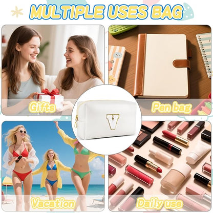 Gifts for Girls Initial Makeup Bag Personalized Cosmetic Bag with Zipper Cute Travel Toiletry Bags Waterproof PU Preppy Makeup Pouch Birthday Gift for Teen Girls Women(White V)