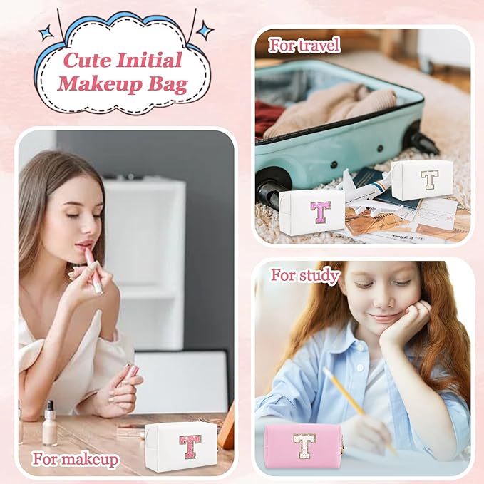 Personalized Initial Letter Makeup Bag, Small Preppy Glitter Cosmetic Pouch PU Waterproof Zipper Travel Toiletry Bag, Unique Patch Makeup Organizer Gift for Women Teen Girls(Letter T)