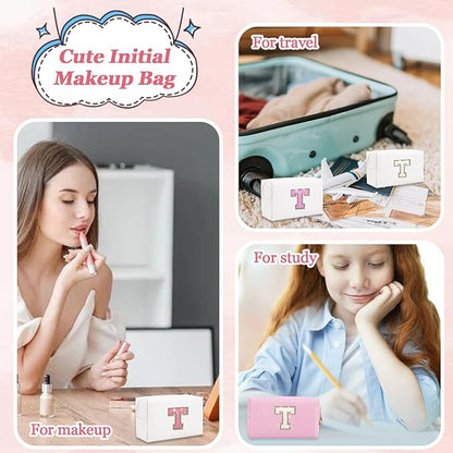Personalized Initial Letter Makeup Bag, Small Preppy Glitter Cosmetic Pouch PU Waterproof Zipper Travel Toiletry Bag, Unique Patch Makeup Organizer Gift for Women Teen Girls(Letter T)