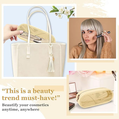 Nylon Slim Makeup Bag, Cute Preppy Cosmetic Zipper Pouch, Travel Toiletry Bag Clutch Coin Pouch for Women Girls (Beige)
