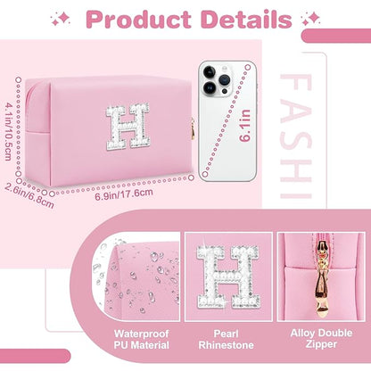 ChaoGreat Bride Gifts – Personalized Initial Makeup Bag with Pearl Rhinestone Patch, Preppy Pink Monogram Cosmetic/Toiletry Pouch, bridesmaid Gifts, Bridal Shower Gifts, Wedding Gifts, Bridal Gifts,H
