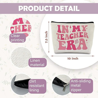 in My Teacher Era Makeup Bag, Teacher Appreciation Gifts Cosmetic Bags for Women, End of Year Teachers Gifts, Groovy Pink Preppy Aesthetic Zipper Makeup Pouch for Teachers