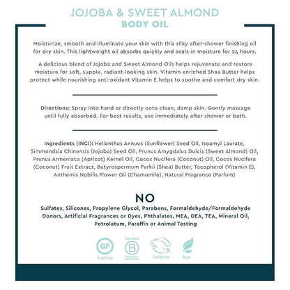 Desert Essence, Jojoba & Sweet Almond Body Oil Spray, 8.28 fl. oz. - Gluten-Free, Vegan, Cruelty Free - 24hour Moisture, Soothes Skin, Perfect for Sensitive Skin, Illuminating Body Spray