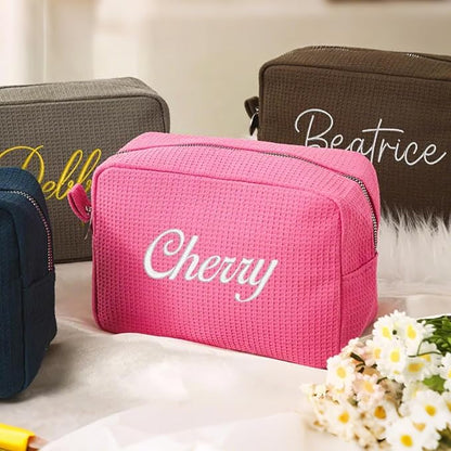 Personalized Embroidered Waffle Cosmetic Bags, Custom Thicken Beauty Makeup Packet Bag for Women Girls, Travel Makeup Pouch, Aesthetic Toiletry Case, Bridal Bridesmaid Party, Birthday, Wedding Gifts