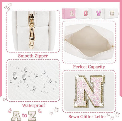 Personalized Initial Letter Makeup Bag, Small Glitter Letter Patch Cosmetic Pouch Zipper, Preppy Makeup Organizer PU Waterproof Travel Toiletry Bag,Monogrammed Birthday Gift for Women Girls(Letter N)