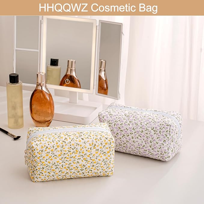 Makeup Bag Travel Cosmetic Bag for Women Girls, Zipper Make Up Pouch, Floral Flowers Toiletry Organizer Makeup, Portable Storage Cosmetic Travel Cloth Bag (Pink+Purple Floral)