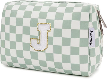 Narwey Birthday Gifts for Teen Girls Women Personalized Initial Checkered Makeup Bag Preppy Cosmetic Bag Trendy Stuff 6 8 10 11 12 13 14 16 18 Years Old Travel Toiletry Bag (Green Letter J)