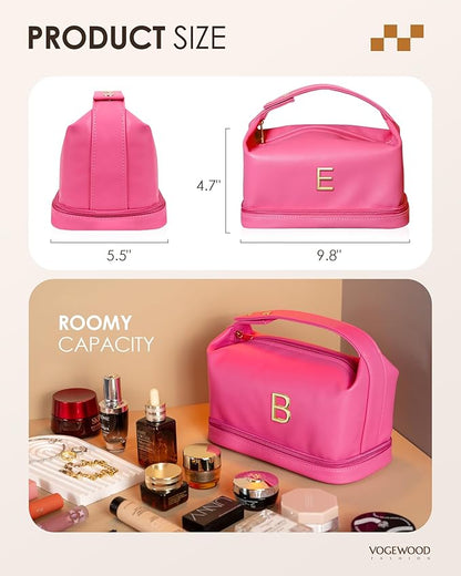 Gifts for Teacher Women, Personalized Makeup Bag with Handle, Initial Double Layer Cosmetic Bag with Makeup Brush Organizer, Cute Cosmetic Pouch for Women, Gifts for Friends Female