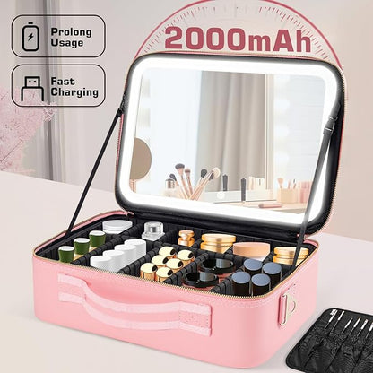 15''X11'' Large Capacity Makeup Bag with LED Mirror, Professional Makeup Case Organizer with 3 Color Light Adjustable Brightness, Travel Make up Cosmetic Case with Detachable Dividers & Shoulder Strap