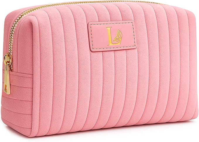 Monogrammed Make Up Bags for Women,Personalized Cosmetic Bags Women,Small Quilted Makeup Pouch,Cute Makeup Bag Travel,Birthday Gifts for Teen Girl (Pink L)