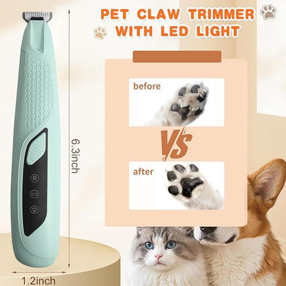 Professional Dog & Cat Trimmer - Quiet Electric Pet Grooming Kit for Ears/Eyes/Paws with LED Light - Cordless Battery-Powered Fur & Nail Clipper for Small/Large Breeds(Blue)