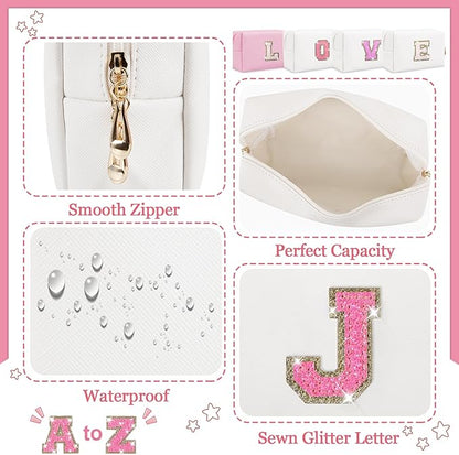 Initial Letter Patch Makeup Bag, Small Preppy A-Z Glitter Letter Cosmetic Bag, PU Leather Waterproof Travel Toiletry Bag, Cute Make Up Pouch Personalized Monogrammed Gift for Women Teen Girls