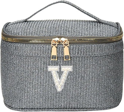 EURYNOME Makeup Bag with Custom Letter V, Water-Resistant Travel Organizer Pouch, (8.3x5.1x5.1 Inch) Cosmetic Case for Women
