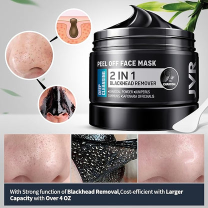 JVR Peel Off Face Mask, Blackhead Remover Mask for Men, Charcoal Peel Off Black Mask, Facial Mask Purifying and Deep Cleansing for All Skin Types 8.46 OZ