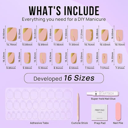 BTArtbox Press On Nails Short Square - Gold Designed Press On Nails, Winter Glue On Nails for Women Gifts, Natural Fake Nail with Glue, Glue On Nails in 16 Sizes - 30 Nail Kit, Gold Leaf