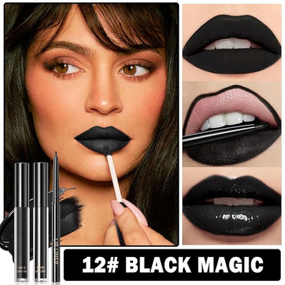 3 in 1 Black Lip Liner Pencil and Lipstick lipgloss Set Matte Black Lipstick Lip Gloss Kit Long-lasting Nonstick Cup Smudge Proof Lip Kits with Lip Liner,Velvet Goth Makeup (12#Black Magic)