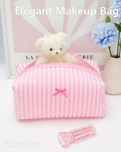 2PCS Cozy Makeup Bag Small Aesthetic Travel Zipper Cosmetic Pouch for Women Make Up Beauty Accessories Brushes, Stripe Cute Pink