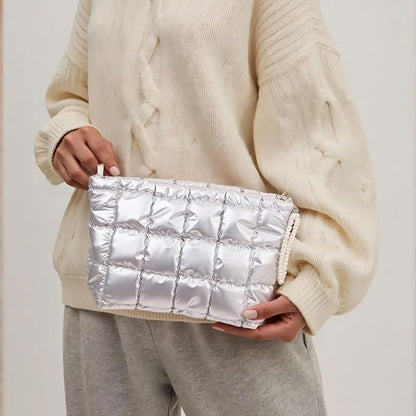 Puffer Quilted Makeup Bag Travel Cosmetic Bag Portable Puffy Checkered Toiletry Pouch Skincare Organizer Purse Pencil Case (Silver)